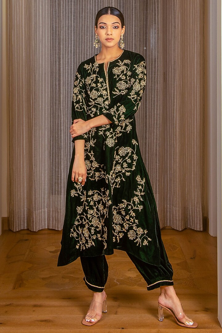 Bottle Green Silk Velvet Hand Embroidered A-line Kurta Set by AURUHFY at Pernia's Pop Up Shop