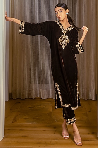 Coffee Brown Silk Velvet Embroidered Kurta Set by AURUHFY