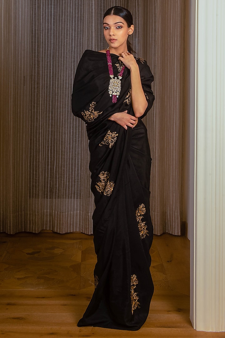 Black Habutai Silk Floral Hand Embroidered Saree by AURUHFY