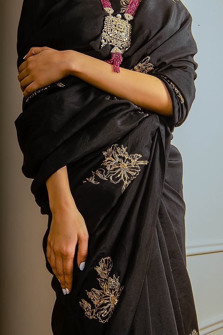 Black Habutai Silk Floral Hand Embroidered Party Wear Saree by AURUHFY at Pernia's Pop Up Shop