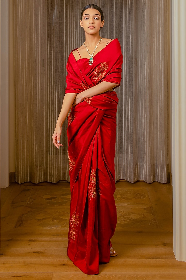 Burnt Red Habutai Silk Hand Embroidered Saree by AURUHFY at Pernia's Pop Up Shop