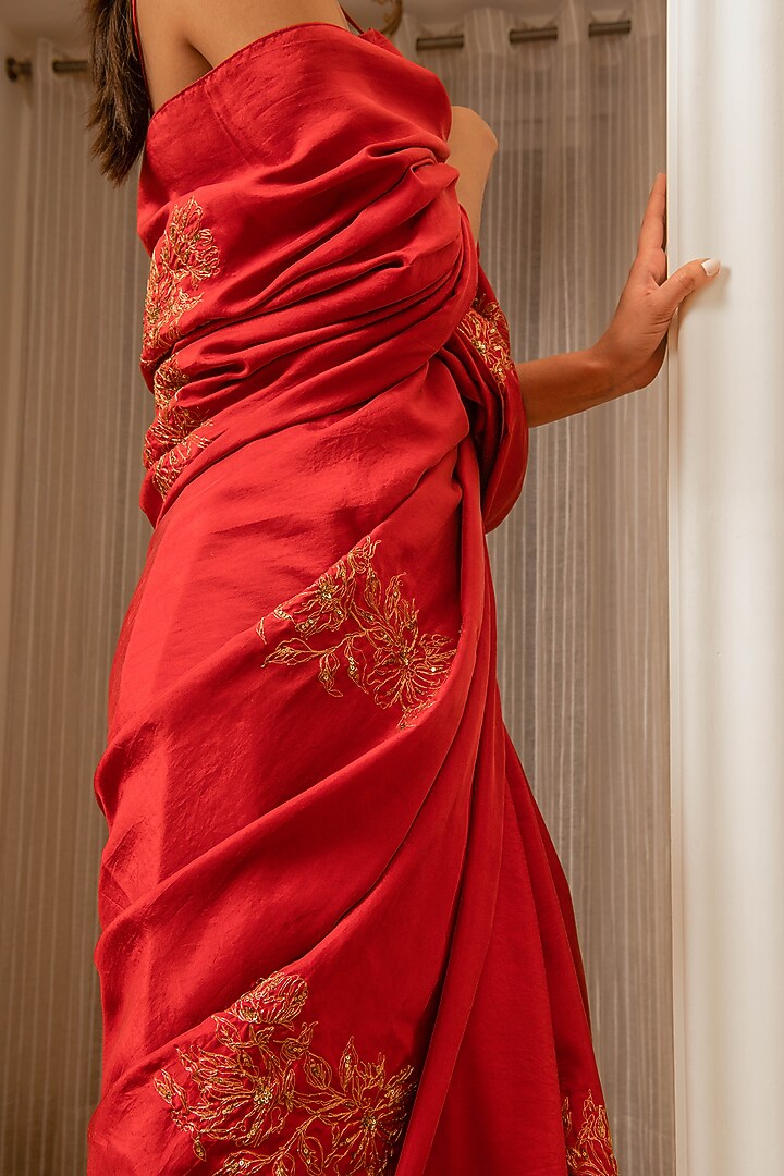 Burnt Red Habutai Silk Hand Embroidered Party Wear Saree by AURUHFY at Pernia's Pop Up Shop