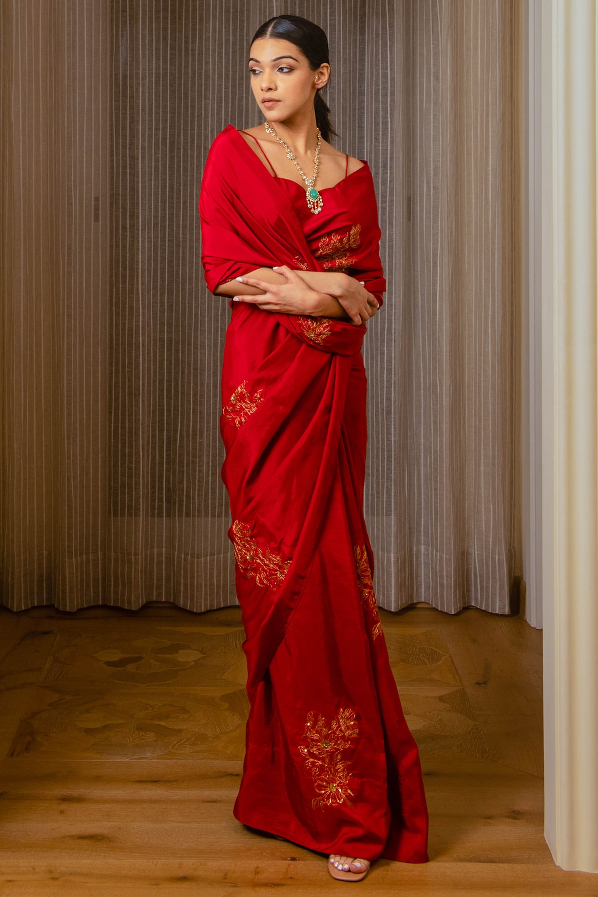 Red Habutai silk zardosi saree paired with white contrast blouse main image 0