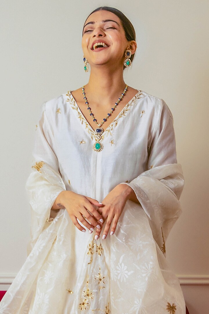 Ivory Chanderi & Organza Embroidered Kurta Set by AURUHFY at Pernia's Pop Up Shop