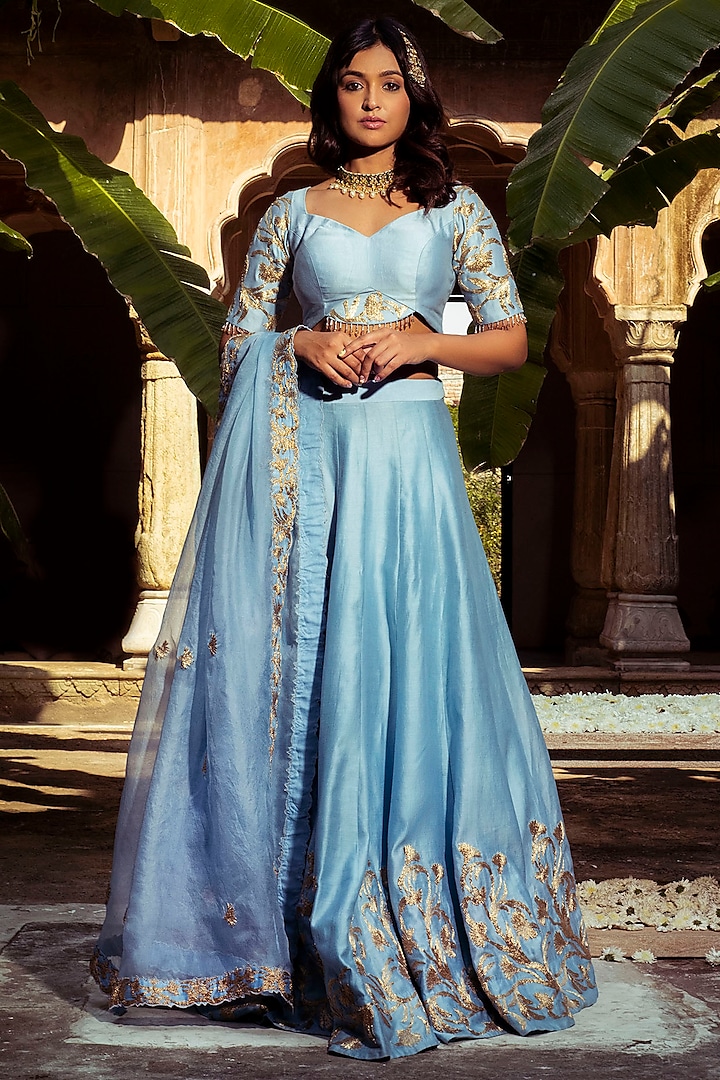 Asmani Blue Chanderi Silk Aari Embroidered Wedding Lehenga Set by Auruhfy at Pernia's Pop Up Shop