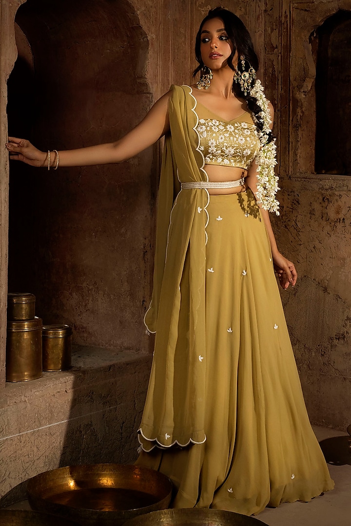 Pear Green Georgette & Satin Silk Wedding Lehenga Set by Auruhfy at Pernia's Pop Up Shop