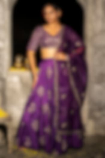 Indigo Purple Satin Silk Sequins Embroidered Wedding Lehenga Set by Auruhfy at Pernia's Pop Up Shop