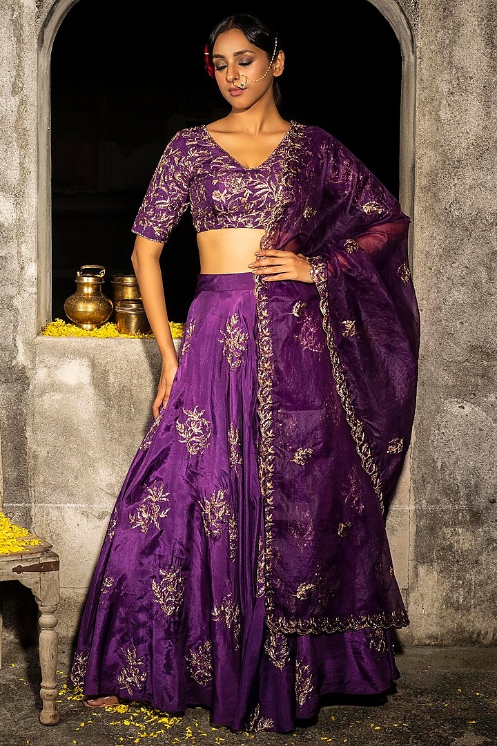 Indigo Purple Satin Silk Sequins Embroidered Wedding Lehenga Set by Auruhfy at Pernia's Pop Up Shop