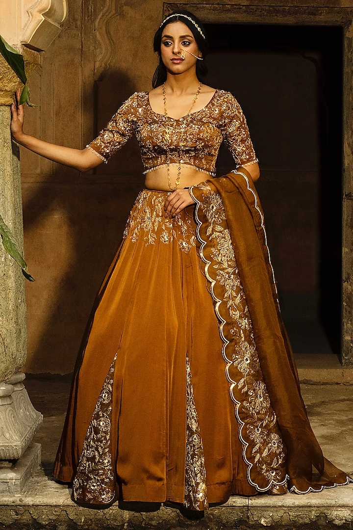 Caramel Satin Silk Sequins Embroidered Wedding Lehenga Set by Auruhfy at Pernia's Pop Up Shop