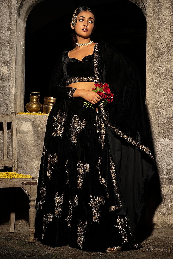 Midnight Black Silk Velvet Motif Embroidered Sharara Set by Auruhfy