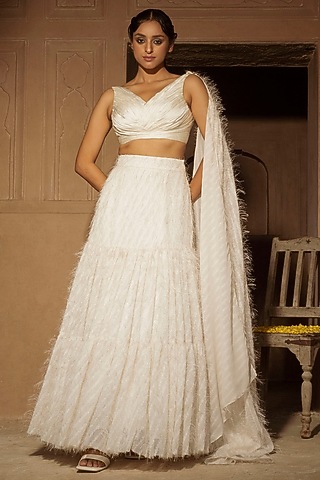 Ivory White Georgette Tiered Lehenga Set by Auruhfy