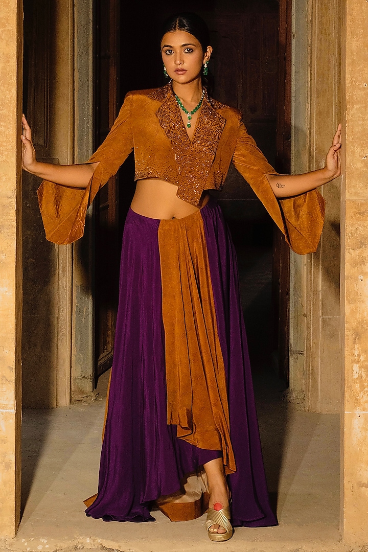 Cinnamon & Indigo Purple Crepe Asymmetric Skirt Set by Auruhfy