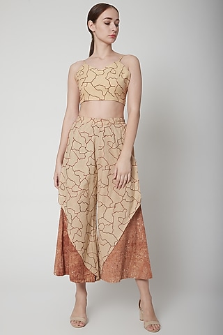 Beige Printed Crop Top by AURUHFY