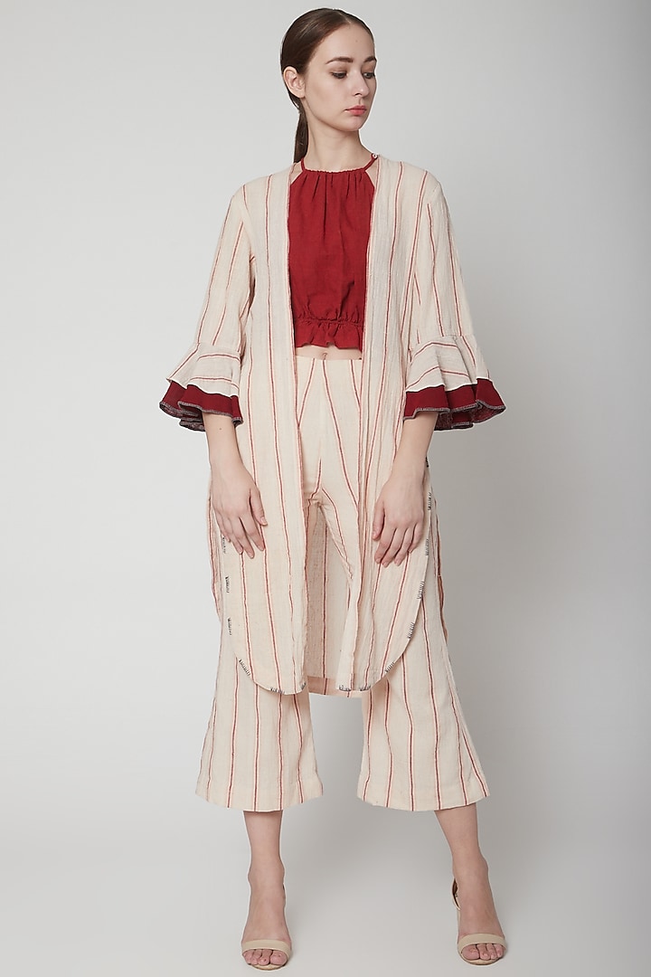 Off White Embroidered Cape With Ruffled Sleeves by AURUHFY