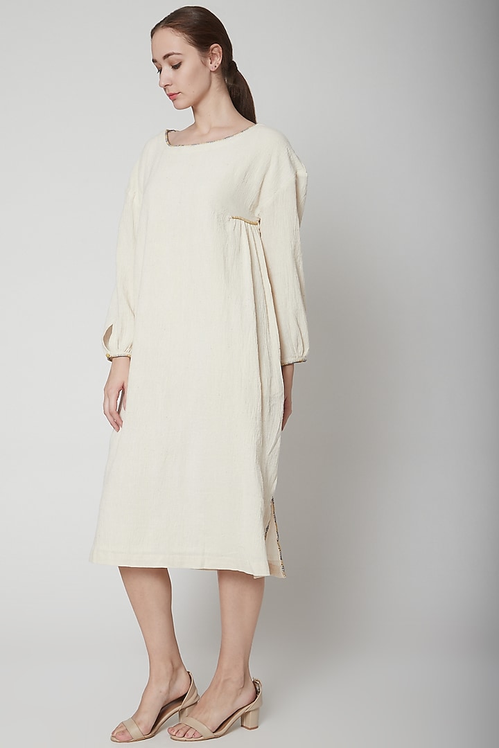 Off White Embroidered Pleated Tunic by AURUHFY