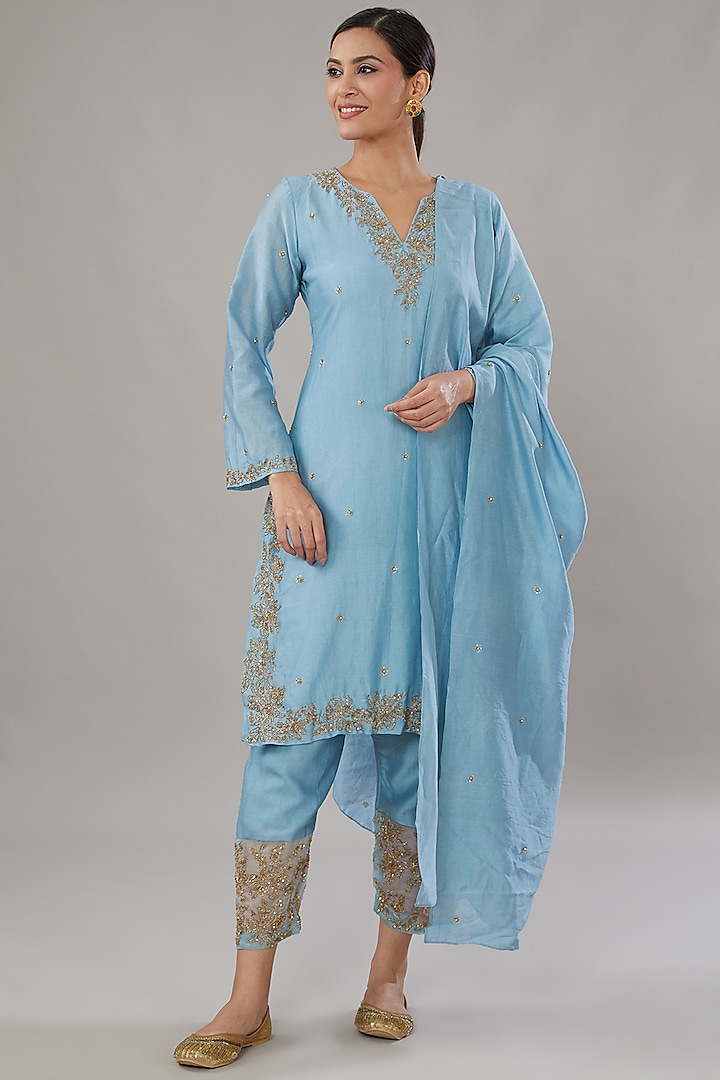 Blue Chanderi Silk Embroidered Tunic Set by AURUHFY