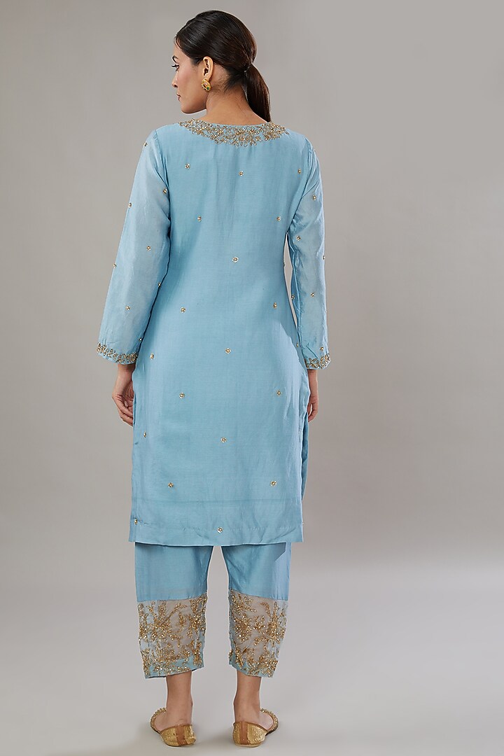 Blue Chanderi Silk Embroidered Tunic Set by AURUHFY at Pernia's Pop Up Shop