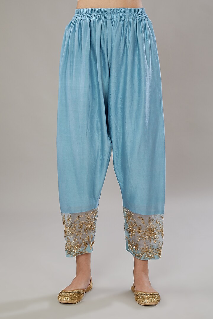 Blue Chanderi Silk Embroidered Tunic Set by AURUHFY at Pernia's Pop Up Shop