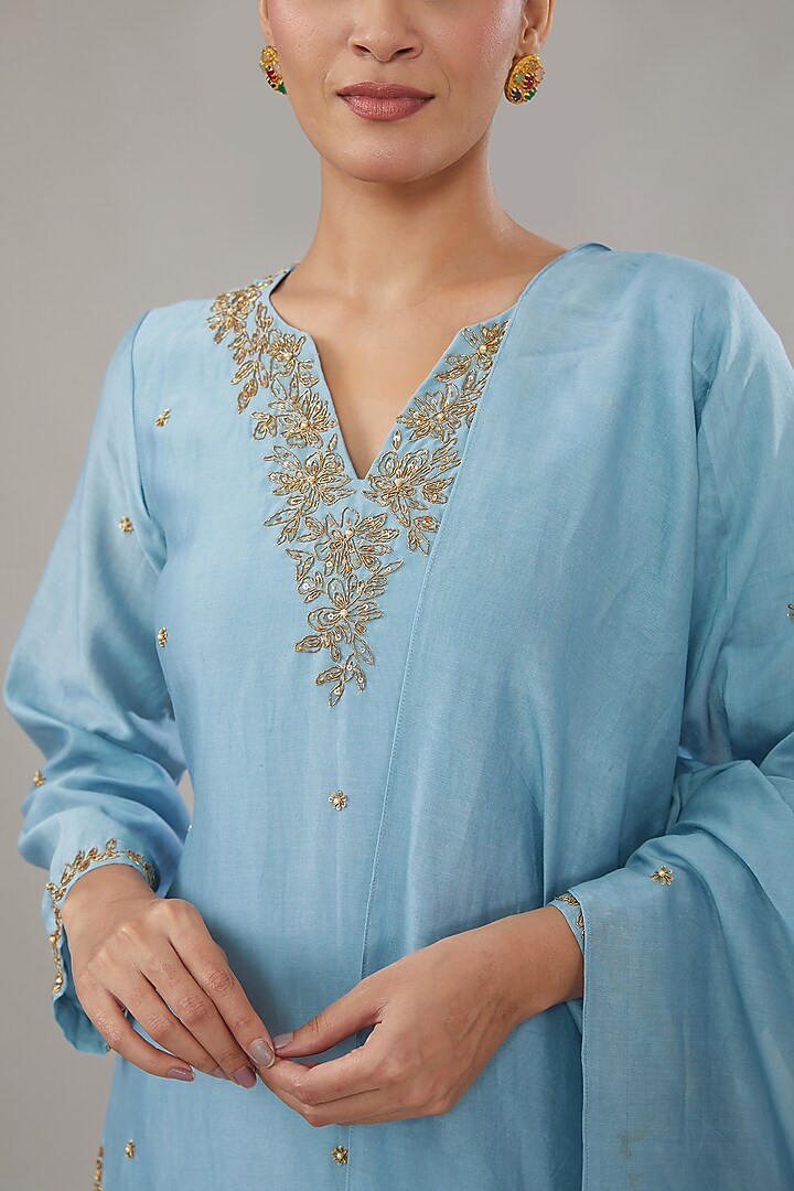Blue Chanderi Silk Embroidered Tunic Set by AURUHFY at Pernia's Pop Up Shop