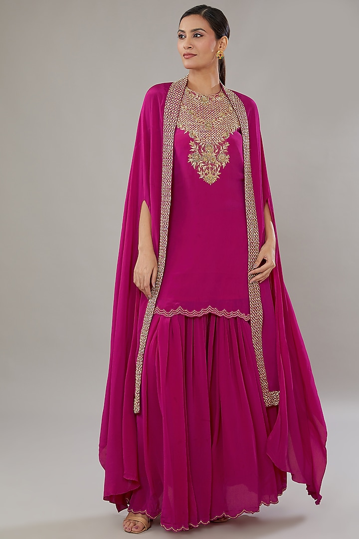Magenta Crepe Embroidered Tunic Set by AURUHFY