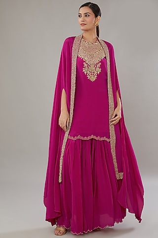 Magenta Crepe Embroidered Tunic Set by AURUHFY