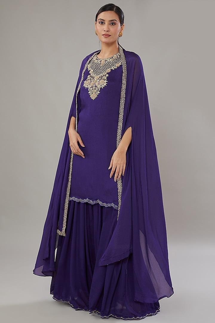 Purple Crepe Embroidered Tunic Set by AURUHFY