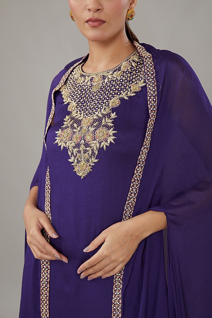 Purple Crepe Embroidered Tunic Set by AURUHFY at Pernia's Pop Up Shop