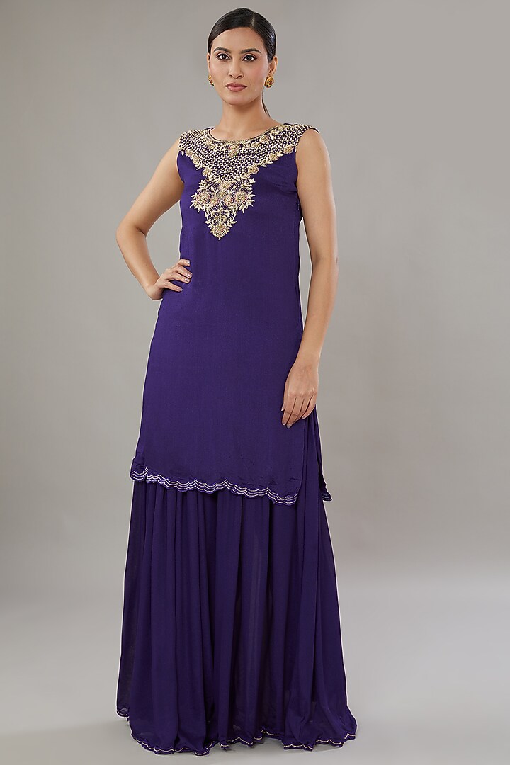 Purple Crepe Embroidered Tunic Set by AURUHFY at Pernia's Pop Up Shop