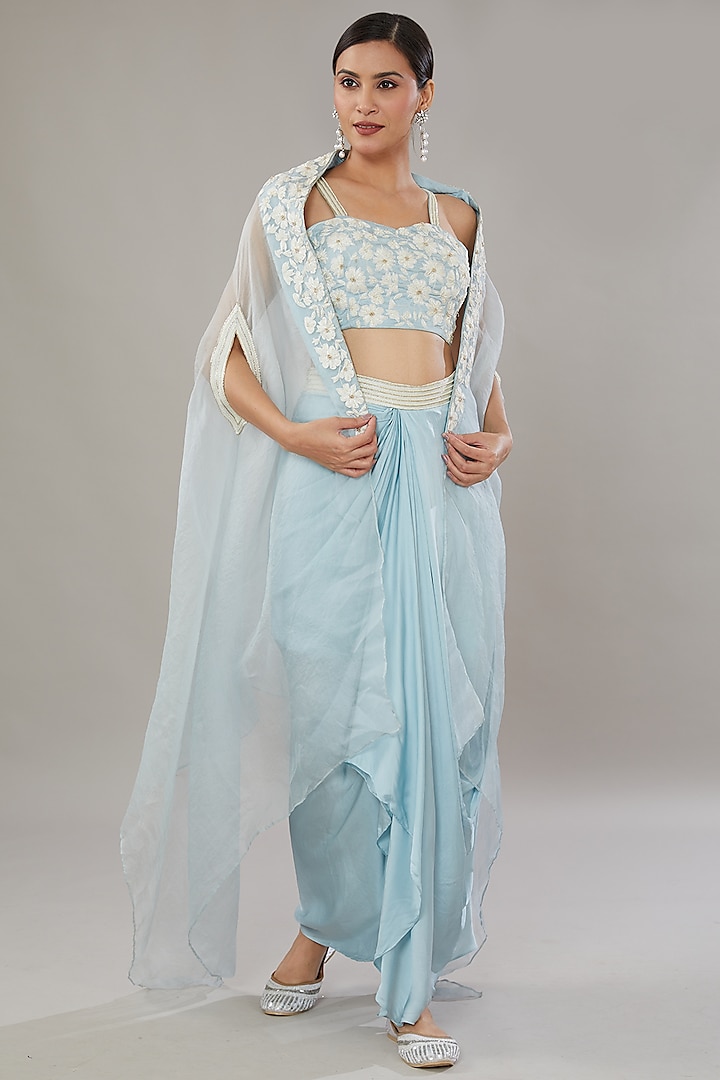 Blue Satin Silk Draped Skirt Set by AURUHFY