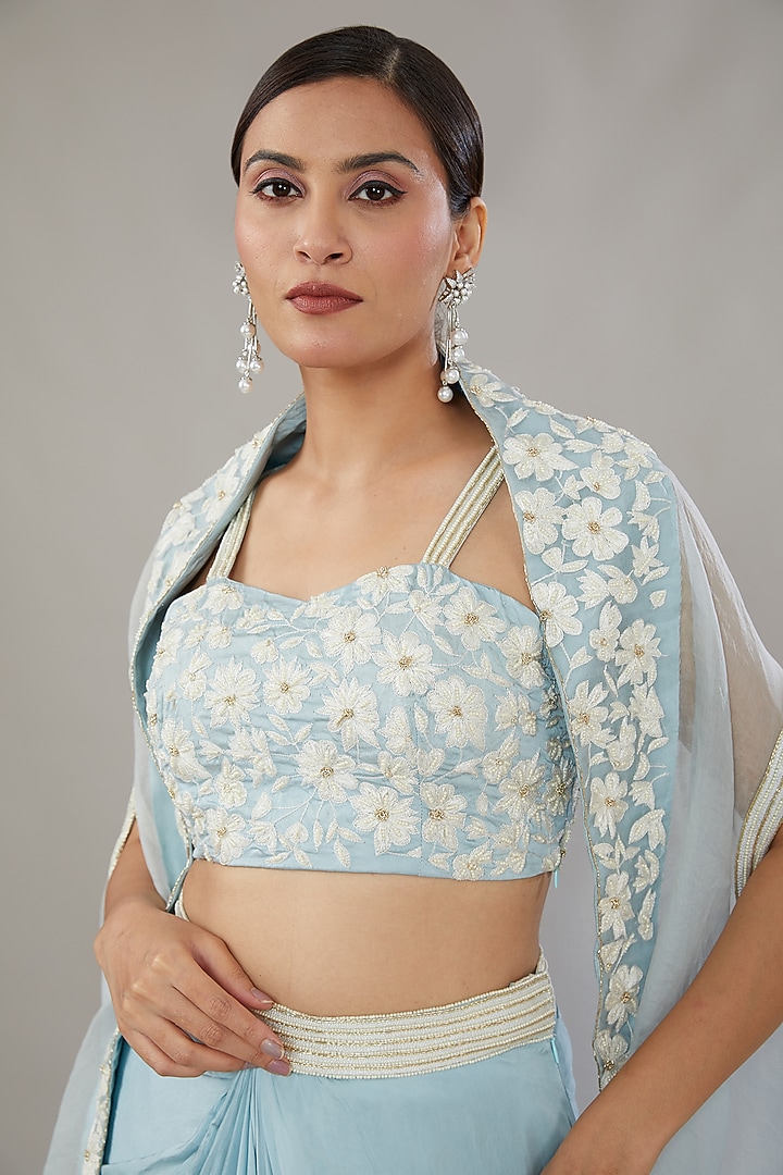 Blue Satin Silk Draped Skirt Set by AURUHFY at Pernia's Pop Up Shop
