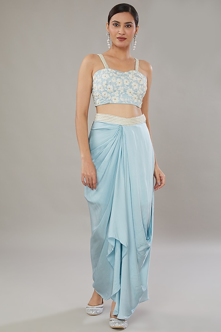 Blue Satin Silk Draped Skirt Set by AURUHFY at Pernia's Pop Up Shop