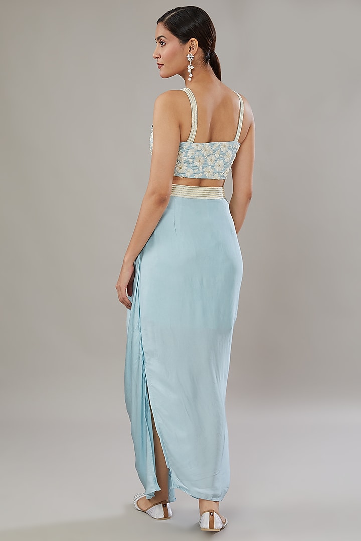 Blue Satin Silk Draped Skirt Set by AURUHFY at Pernia's Pop Up Shop