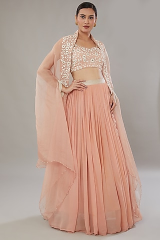 Pink Georgette & Satin Silk Lehenga Set by AURUHFY