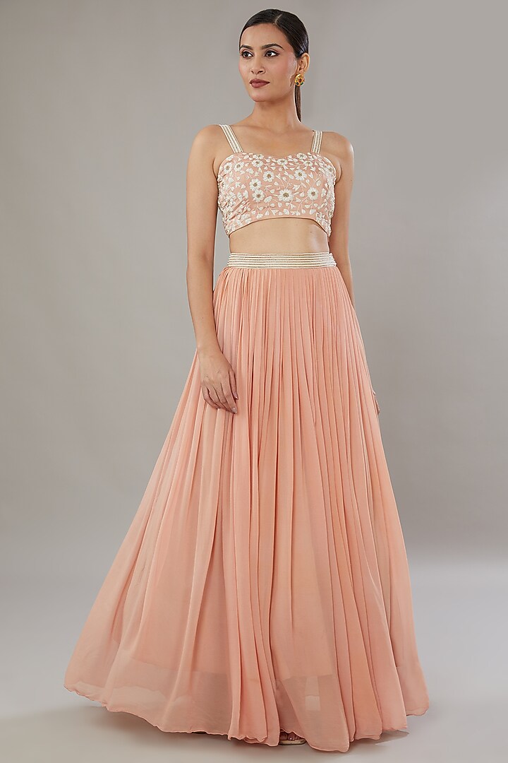 Pink Georgette & Satin Silk Wedding Lehenga Set by AURUHFY at Pernia's Pop Up Shop