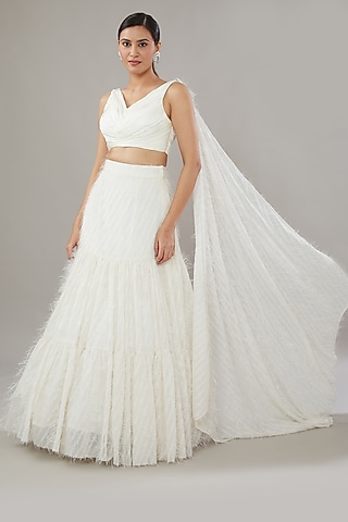 Ivory Georgette Lehenga Set by AURUHFY