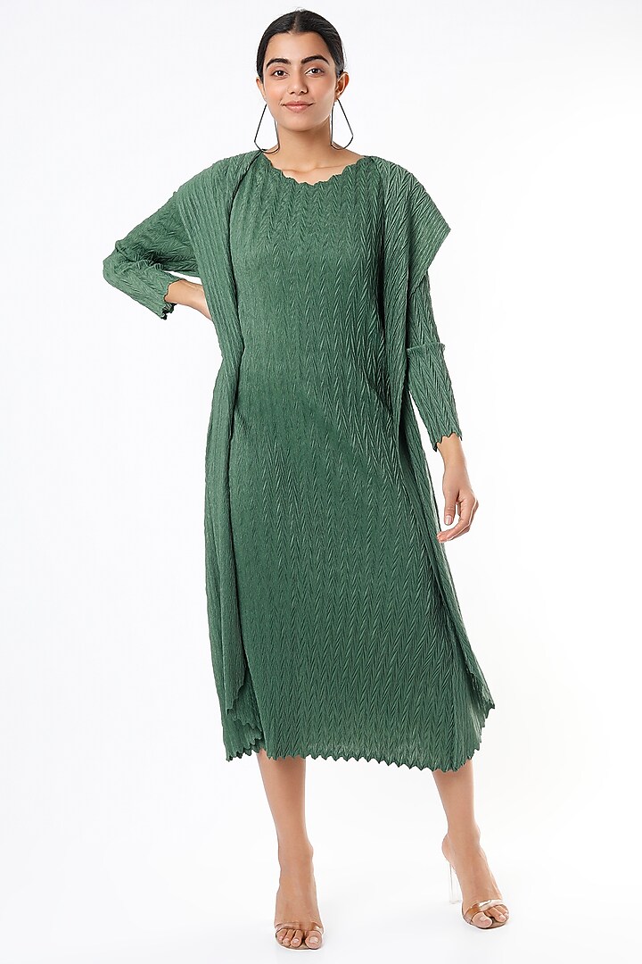 Green Textured Jacket Dress by Pleats By Aruni at Pernia's Pop Up Shop