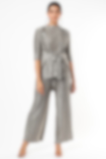 Silver Metallic Culotte Pant Set by Pleats By Aruni at Pernia's Pop Up Shop