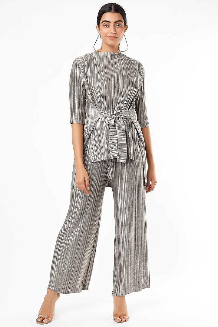 Silver Metallic Culotte Pant Set by Pleats By Aruni at Pernia's Pop Up Shop