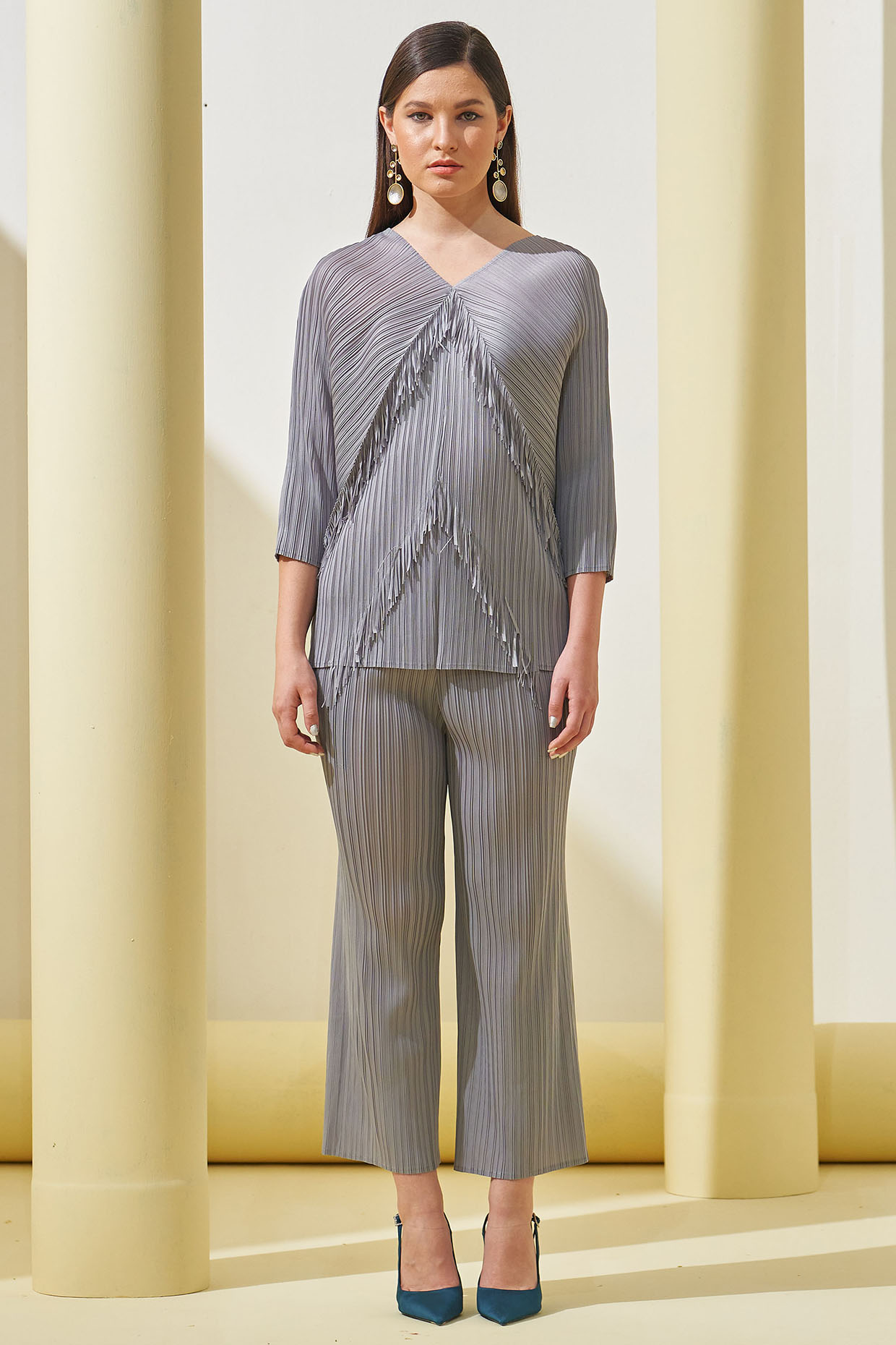 Grey Pleated Polyester Co-Ord Set by Pleats By Aruni at Pernia's Pop Up Shop