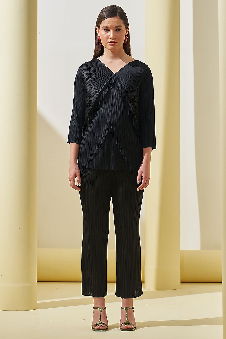 Black Pleated Polyester Co-Ord Set by Pleats By Aruni at Pernia's Pop Up Shop
