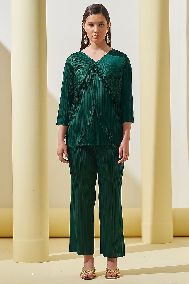 Green Pleated Polyester Co-Ord Set by Pleats By Aruni at Pernia's Pop Up Shop