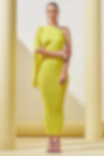Yellow Pleated Polyester One-Shoulder Draped Dress by Pleats By Aruni