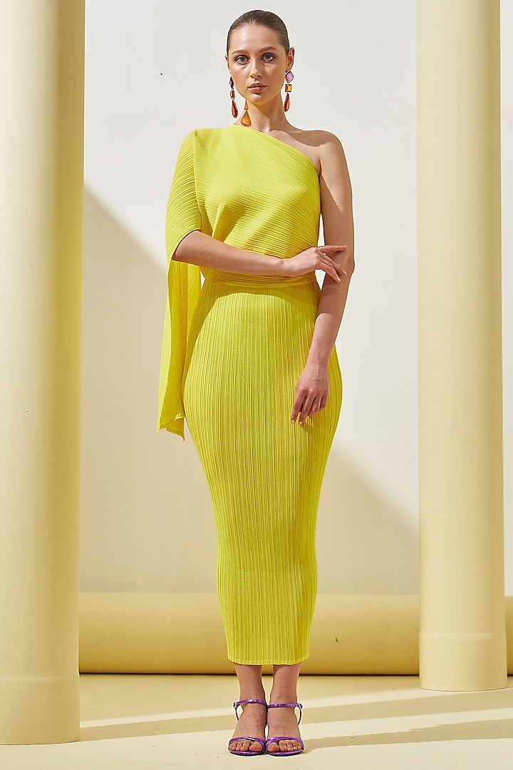 Yellow Pleated Polyester One-Shoulder Draped Dress by Pleats By Aruni