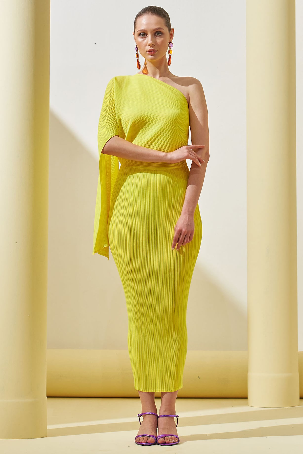 Yellow Pleated Polyester One-Shoulder Draped Dress Design by Pleats By  Aruni at Pernia's Pop Up Shop 2024