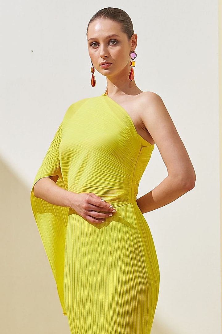Ana Radu luxurious off shoulder dress from satin fabric texture with  push-up bra accessorized with tied waistband yellow