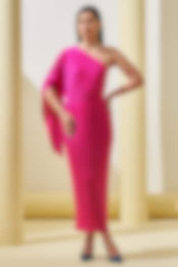 Fuchsia Pink Pleated Polyester One-Shoulder Draped Dress by Pleats By Aruni