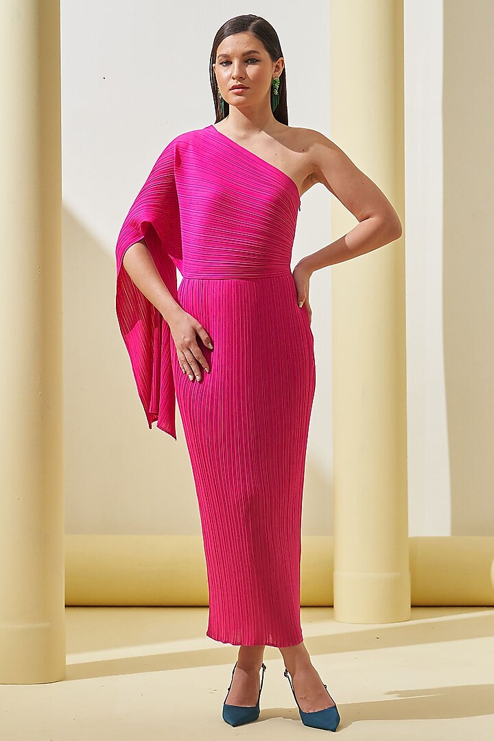 Fuchsia Pink Pleated Polyester One-Shoulder Draped Dress by Pleats By Aruni