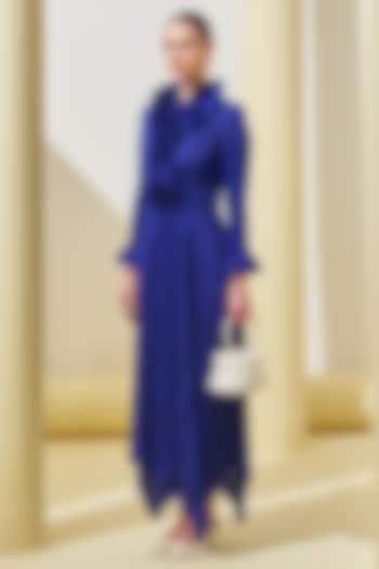 Blue Pleated Polyester Asymmetrical Summer Dress by Pleats By Aruni at Pernia's Pop Up Shop