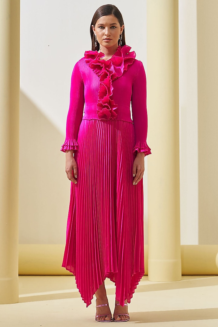 Fuchsia Pink Pleated Polyester Asymmetrical Dress by Pleats By Aruni