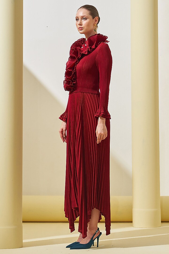 Maroon Pleated Polyester Asymmetrical Summer Dress by Pleats By Aruni at  Pernia's Pop Up Shop